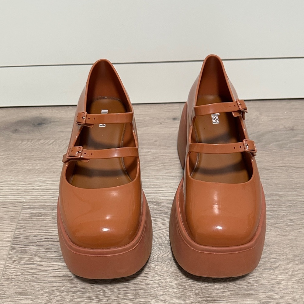 Melissa Platform Mary Jane Shoes in Tan Brown with Black Straps - Picture 8 of 13